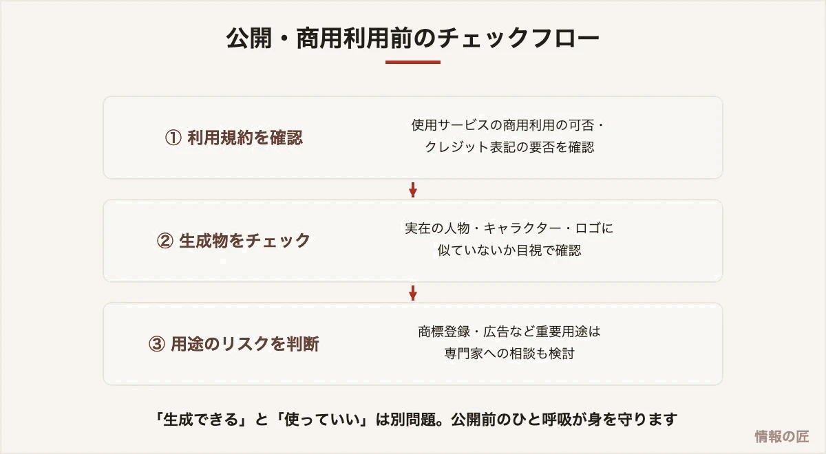 画像生成AIの利用前チェックフロー。利用規約の確認、類似物の目視チェック、重要用途でのリスク判断の3段階