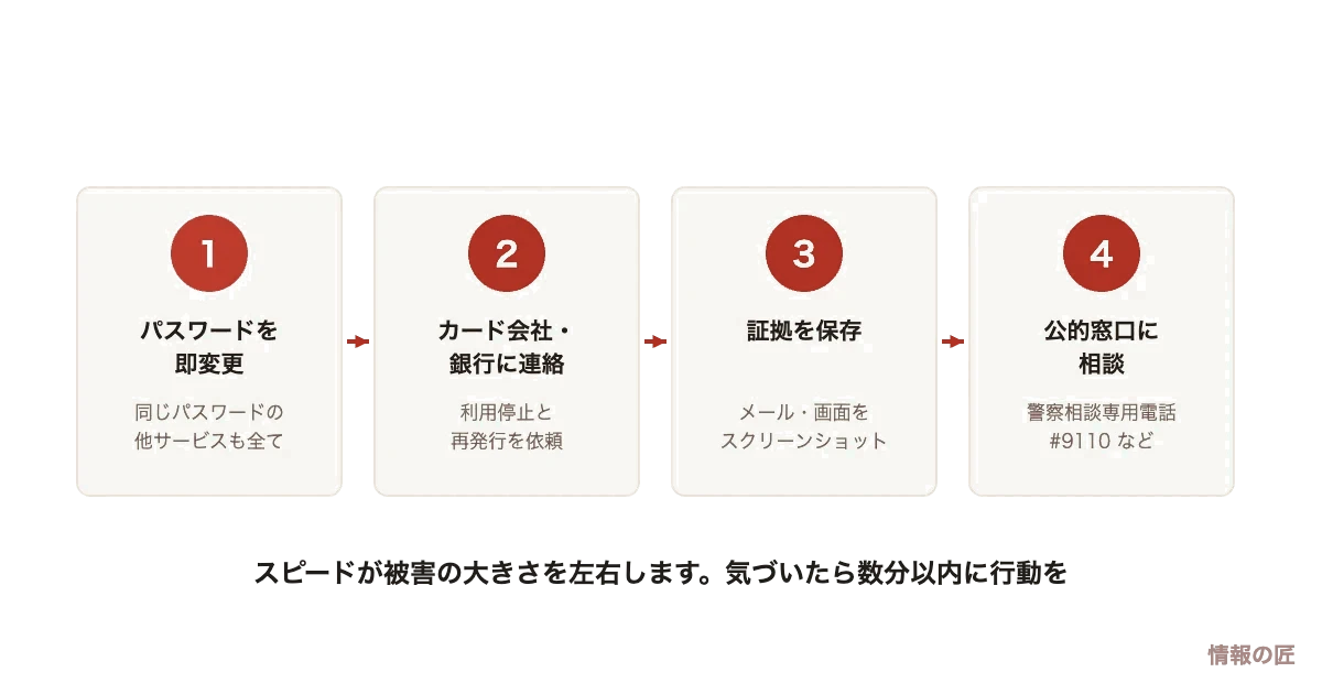 フィッシング詐欺に情報を入力してしまったときの対応フロー。パスワード変更、カード会社連絡、証拠保存、公的窓口への相談の4ステップ